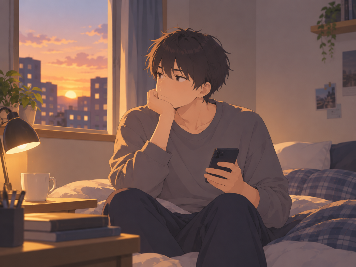 夕暮れの部屋でスマートフォンを手にする人